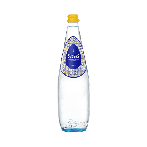 Sparkling Sousas Water in 1L Glass screw-top bottle